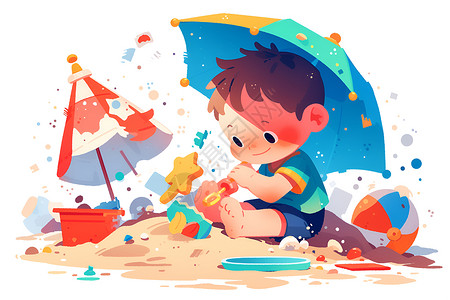 小桶玩具沙滩上的一个男孩插画