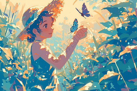 树丛里的女孩和蝴蝶背景图片