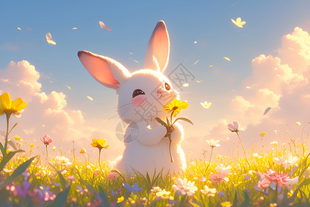 长耳朵草地上的兔子插画