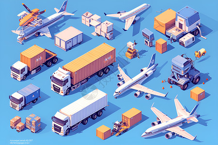集装箱飞机集装箱卡车和飞机插画