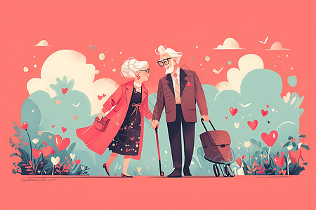 情侣牵手散步夕阳下牵手的老年情侣插画
