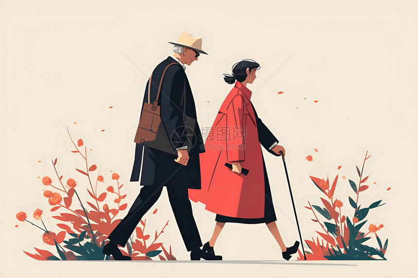 花海里散步的老年夫妻图片
