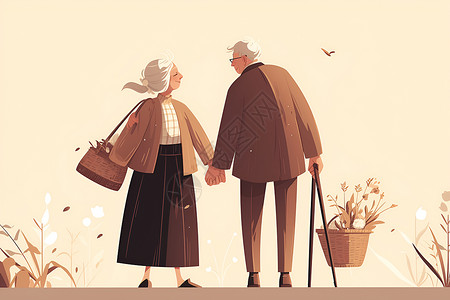 非主流牵手花海里漫步的老年夫妻插画