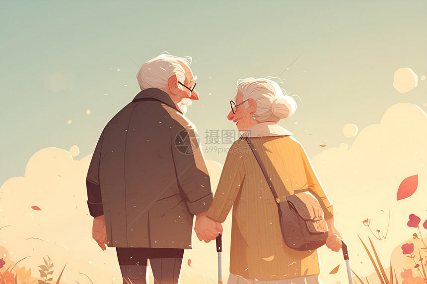老年夫妻牵手漫步图片
