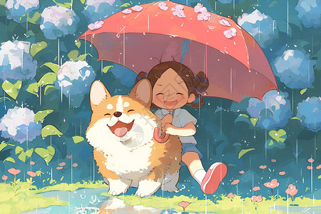 雨中少女和小狗图片