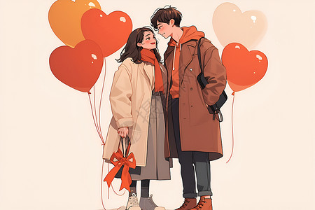 情侣手持红球手持气球的情侣插画