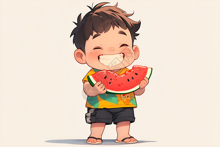 拿西瓜小男孩吃着西瓜的男孩插画