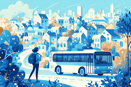 楼房盘点悠然行驶的蓝色公交车插画