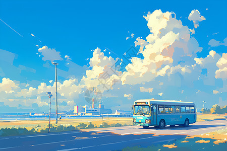 蓝天下穿行的巴士背景图片
