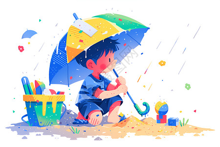 玩玩具的小男孩雨中的小男孩玩沙子插画