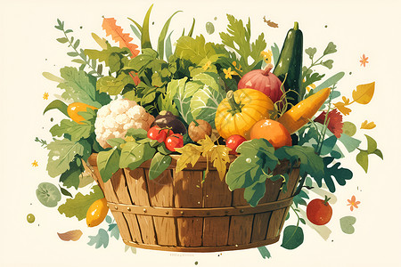 竹篮里的水果篮子里的蔬菜插画