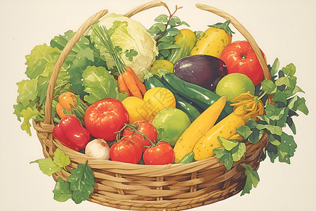 竹篮里的水果竹篮里的蔬菜插画