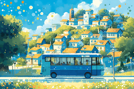 小城中的蓝色巴士背景图片
