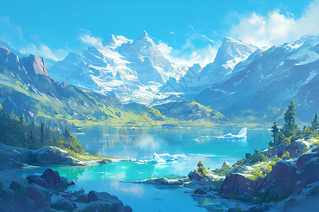 美丽雪山植被环绕的湖泊山脉插画