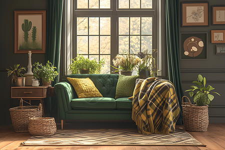 绿色公寓客厅里的绿色沙发插画