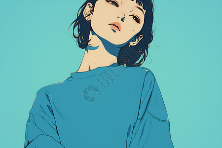 文静的女孩蓝色恤衬托出女孩的个性插画