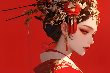 蕾丝颈链项圈传统中国美女插画