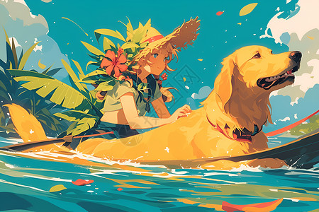 女孩与金毛犬乘坐船只滑行插画