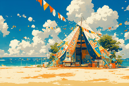沙滩野营沙滩上有一个色彩斑斓的帐篷插画