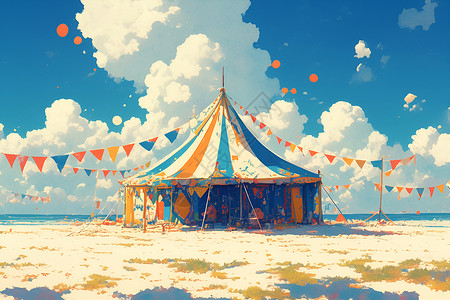 沙滩野营欢乐色彩中的沙滩帐篷插画