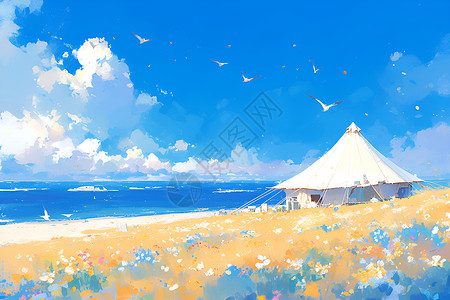 沙滩野营野花丛中的帐篷插画