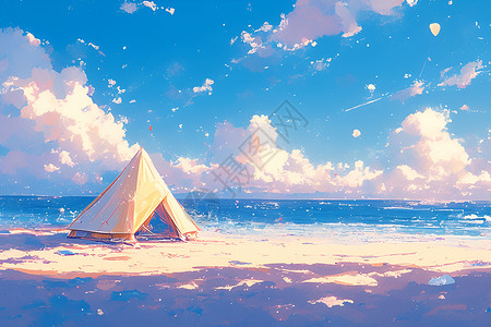 沙滩野营海滩上孤零零地矗立着一个帐篷插画