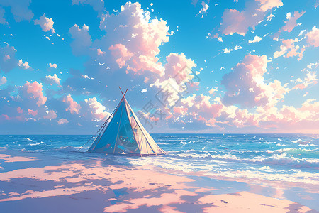 沙滩野营梦幻海滩上矗立着一个帐篷插画