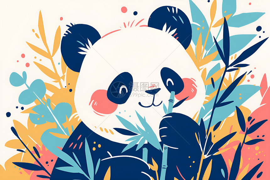 可爱熊猫快乐地吃着竹子图片