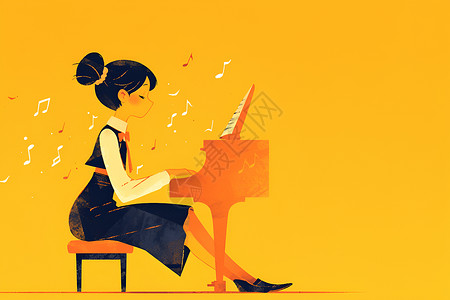 弹奏钢琴的女孩正在弹钢琴的女孩插画