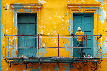 倒油漆工人给老房屋刷油漆背景
