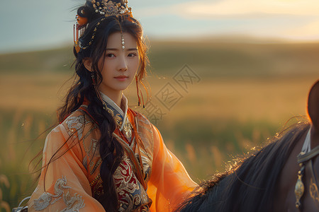 中式服饰纹样女孩在草原上骑马背景