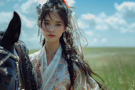 中式服饰纹样草原上美丽的女孩背景