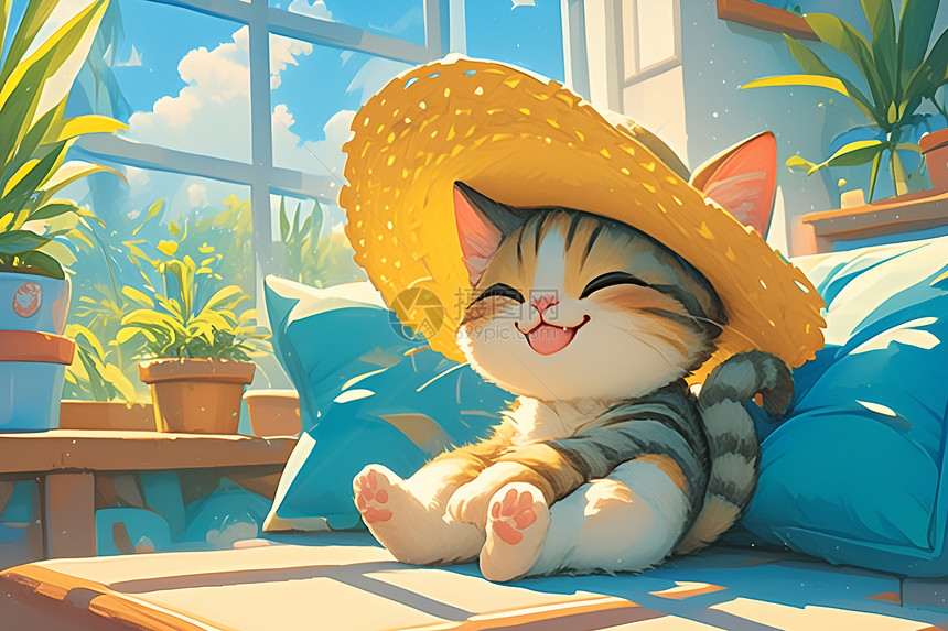 可爱小猫戴草帽图片