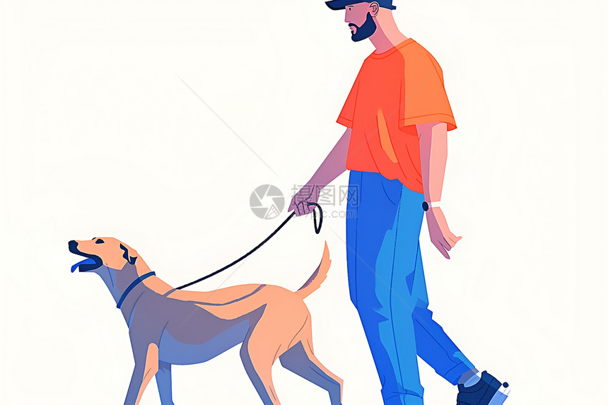 男人遛狗的平面插画图片