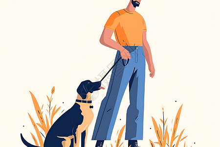 男人牵着狗站在麦田里高清图片