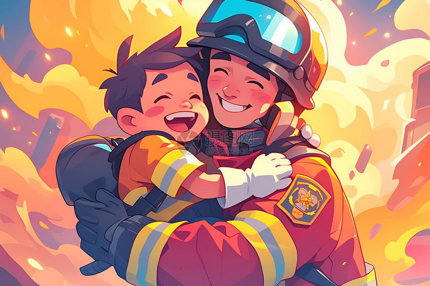 “开心的孩子和消防员图片