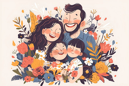 微笑的一家人花海中的快乐一家人插画