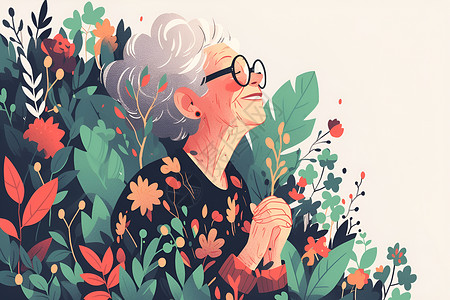老年开心花丛中的老奶奶插画