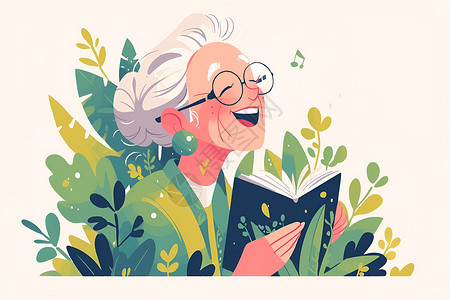 老年犬花丛中看书的老人插画