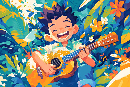 花丛里弹吉他的少年插画