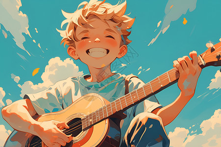 男孩笛子乐器男孩在蓝天下弹吉他插画