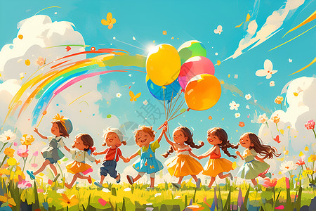 彩色条纹气球公园玩耍的孩子插画