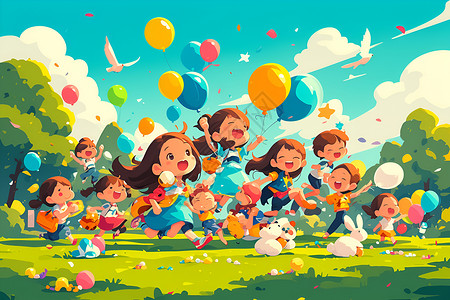 草坪上玩气球的孩子插画