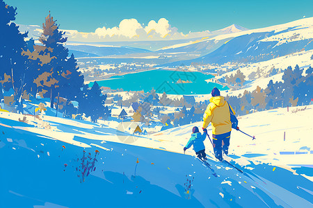 山脉下滑雪的人插画