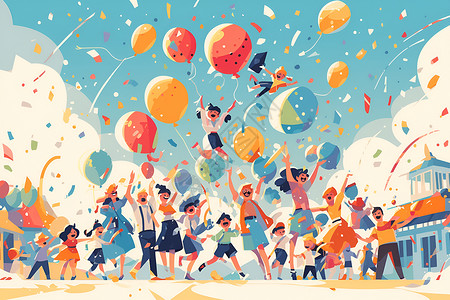 派对气球愉快的派对人群插画