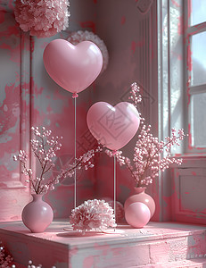 粉色爱心电商展台粉色心形气球插画
