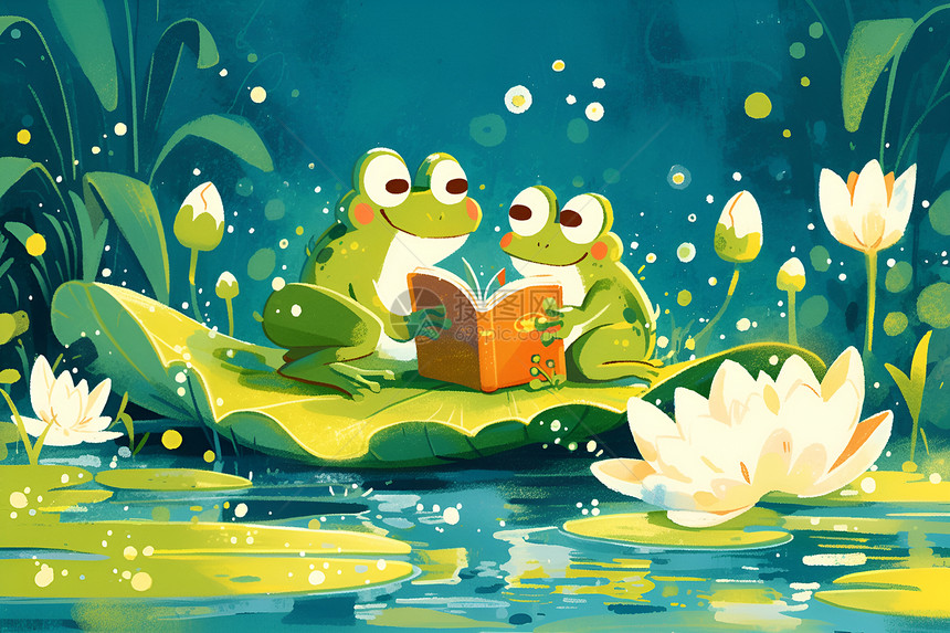 荷叶上看书的青蛙图片