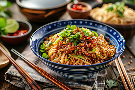 美味的面条食物用筷子高清图片