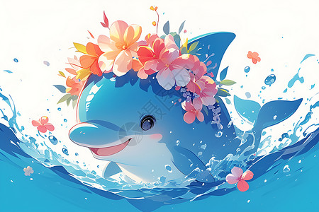 海豚泳圈花冠海豚在海洋里游弋插画