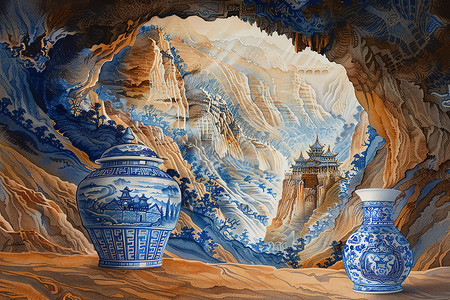 陶瓷上色山洞里的花瓶插画